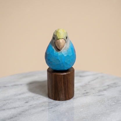 Hand Carved & Hand Painted Lovebirds Figurine | Blue | Basswood with Black Walnut Base