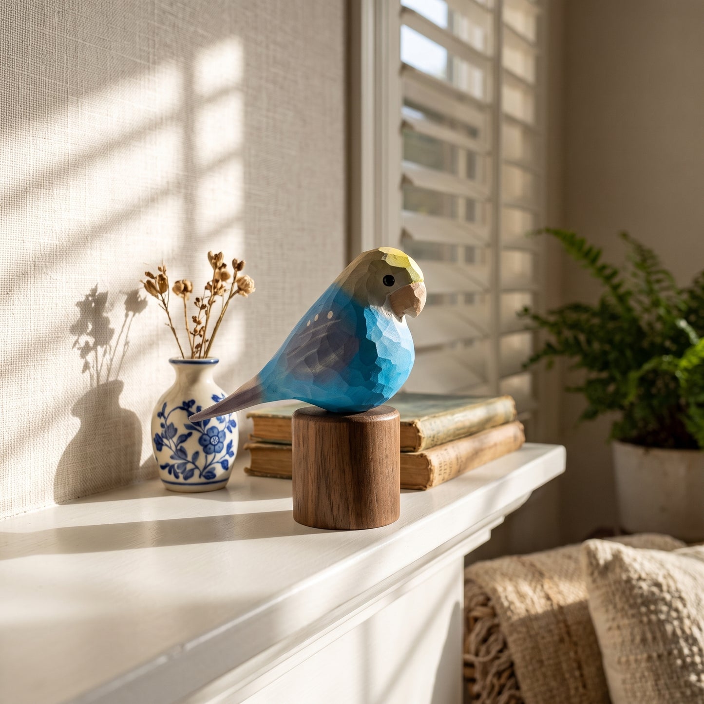 Hand Carved & Hand Painted Lovebirds Figurine | Blue | Basswood with Black Walnut Base