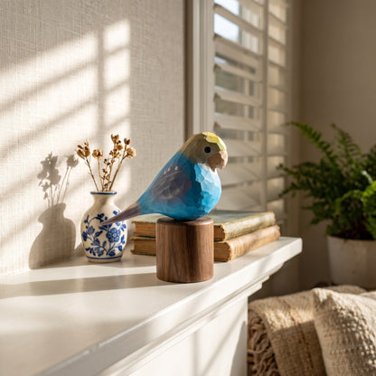 Hand Carved & Hand Painted Lovebirds Figurine | Blue | Basswood with Black Walnut Base
