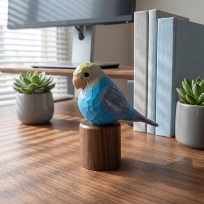 Hand Carved & Hand Painted Lovebirds Figurine | Blue | Basswood with Black Walnut Base