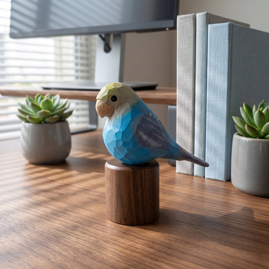 Hand Carved & Hand Painted Lovebirds Figurine | Blue | Basswood with Black Walnut Base