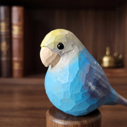 Hand Carved & Hand Painted Lovebirds Figurine | Blue | Basswood with Black Walnut Base