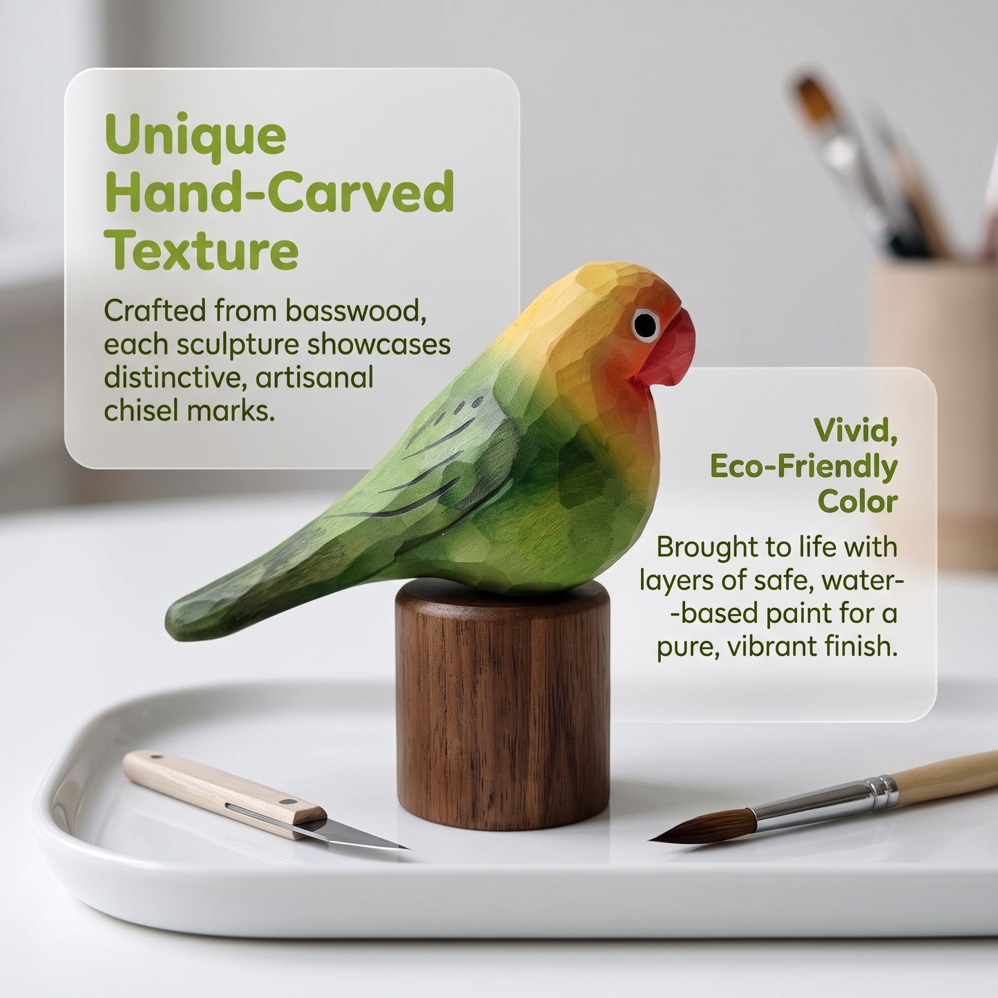 Hand Carved & Hand Painted Lovebirds Figurine | Green | Basswood with Black Walnut Base