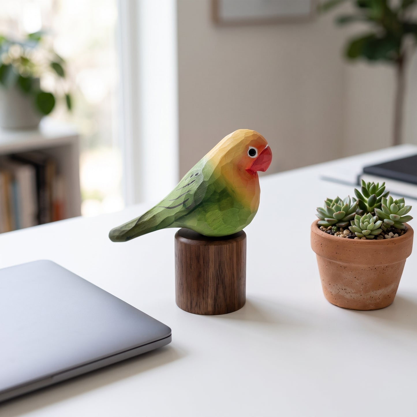 Hand Carved & Hand Painted Lovebirds Figurine | Green | Basswood with Black Walnut Base