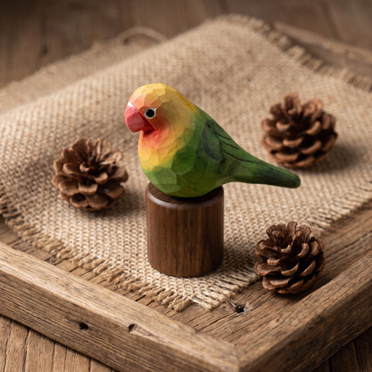 Hand Carved & Hand Painted Lovebirds Figurine | Green | Basswood with Black Walnut Base