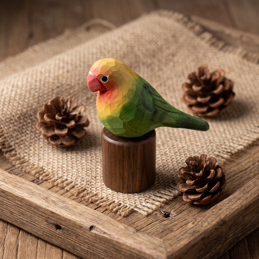 Hand Carved & Hand Painted Lovebirds Figurine | Green | Basswood with Black Walnut Base