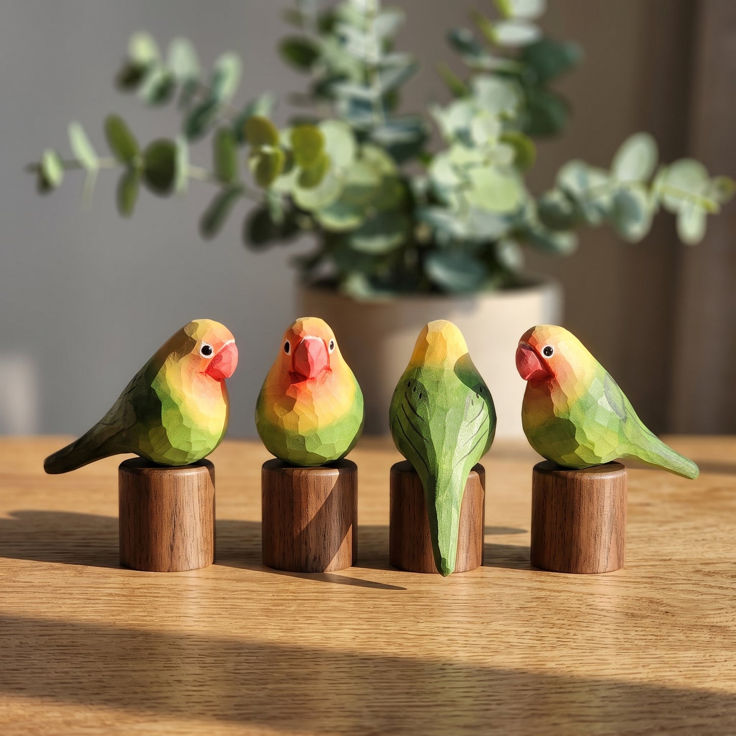 Hand Carved & Hand Painted Lovebirds Figurine | Green | Basswood with Black Walnut Base