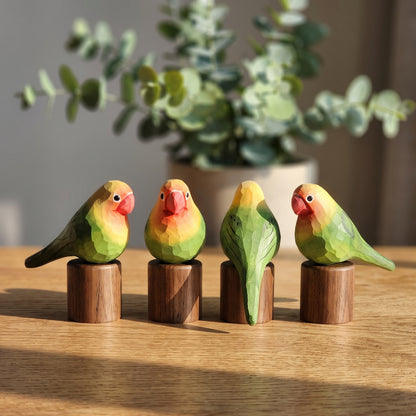 Hand Carved & Hand Painted Lovebirds Figurine | Green | Basswood with Black Walnut Base