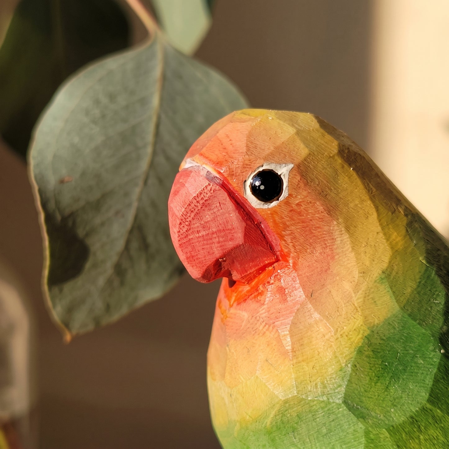 Hand Carved & Hand Painted Lovebirds Figurine | Green | Basswood with Black Walnut Base