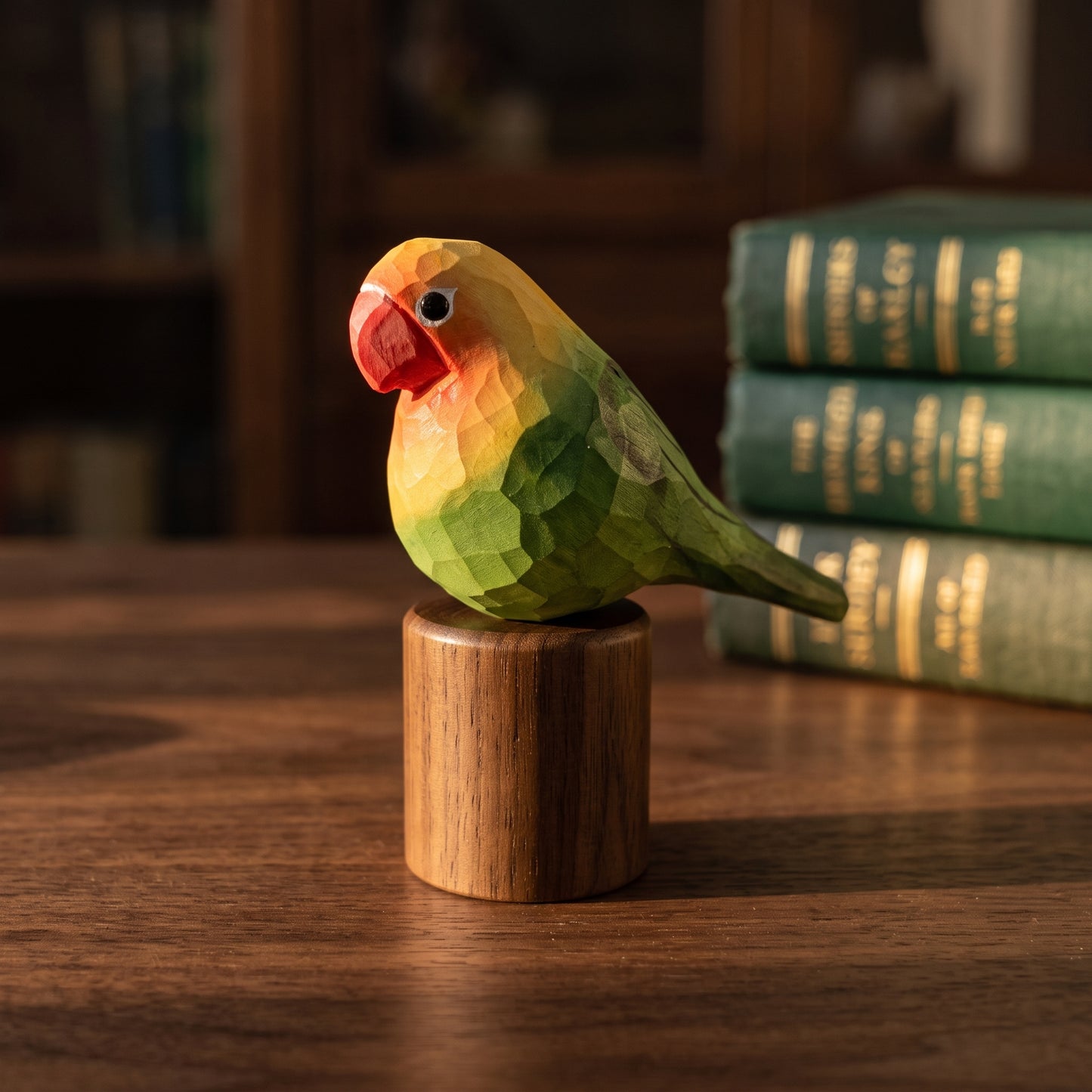 Hand Carved & Hand Painted Lovebirds Figurine | Green | Basswood with Black Walnut Base