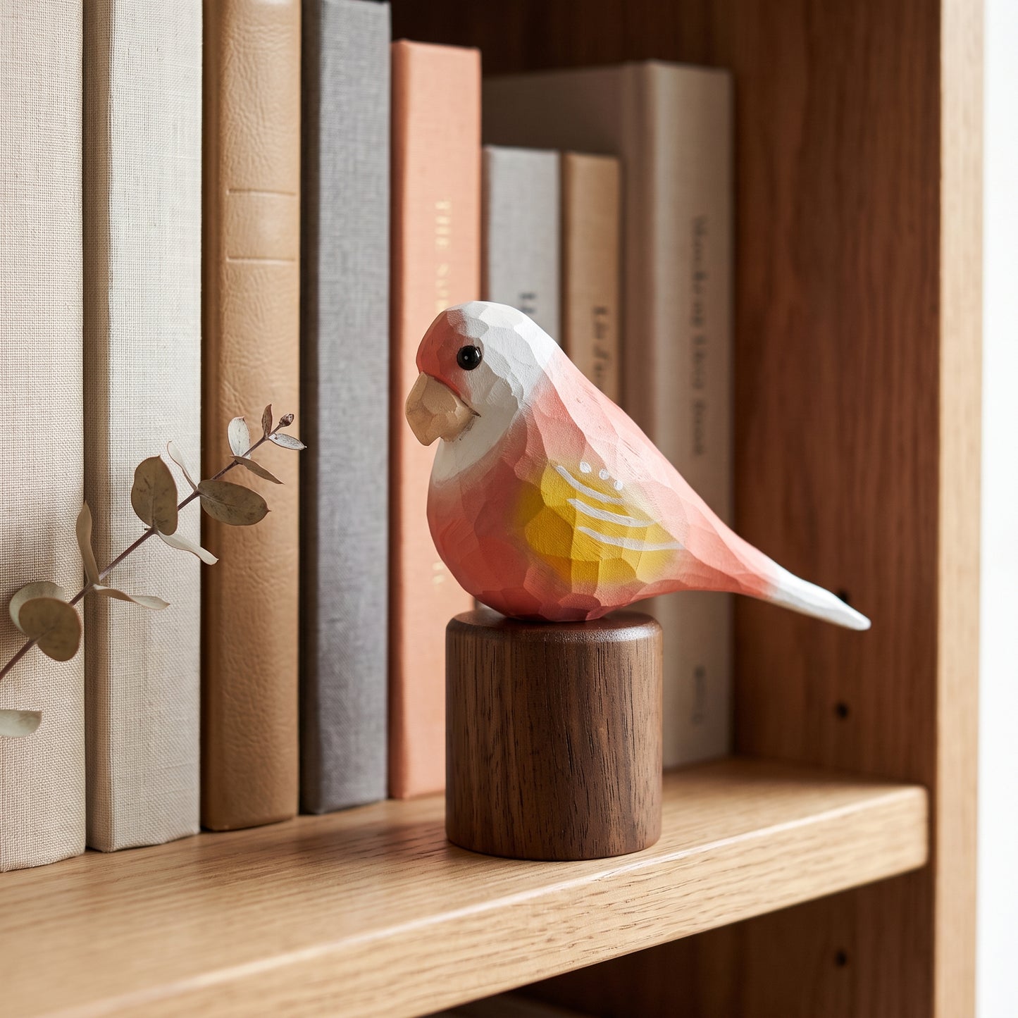 Hand Carved & Hand Painted Lovebirds Figurine | Pink | Basswood with Black Walnut Base
