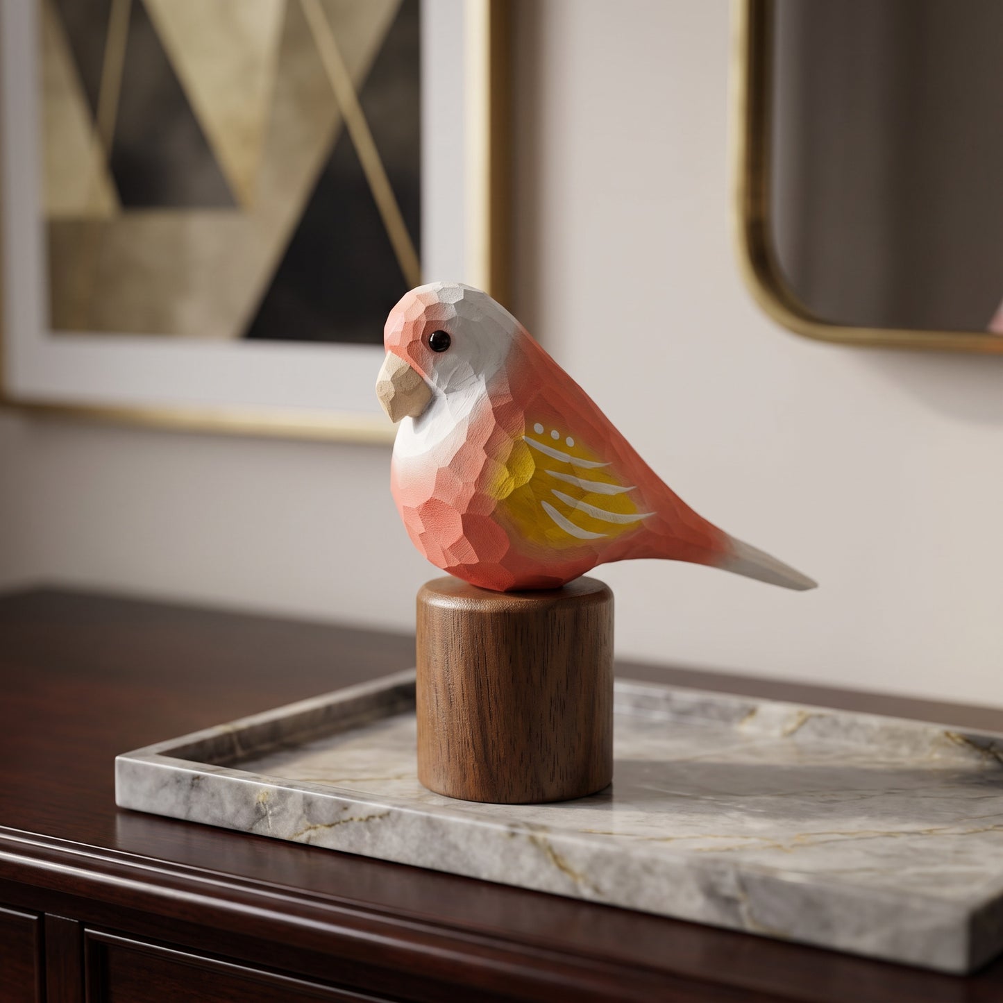 Hand Carved & Hand Painted Lovebirds Figurine | Pink | Basswood with Black Walnut Base