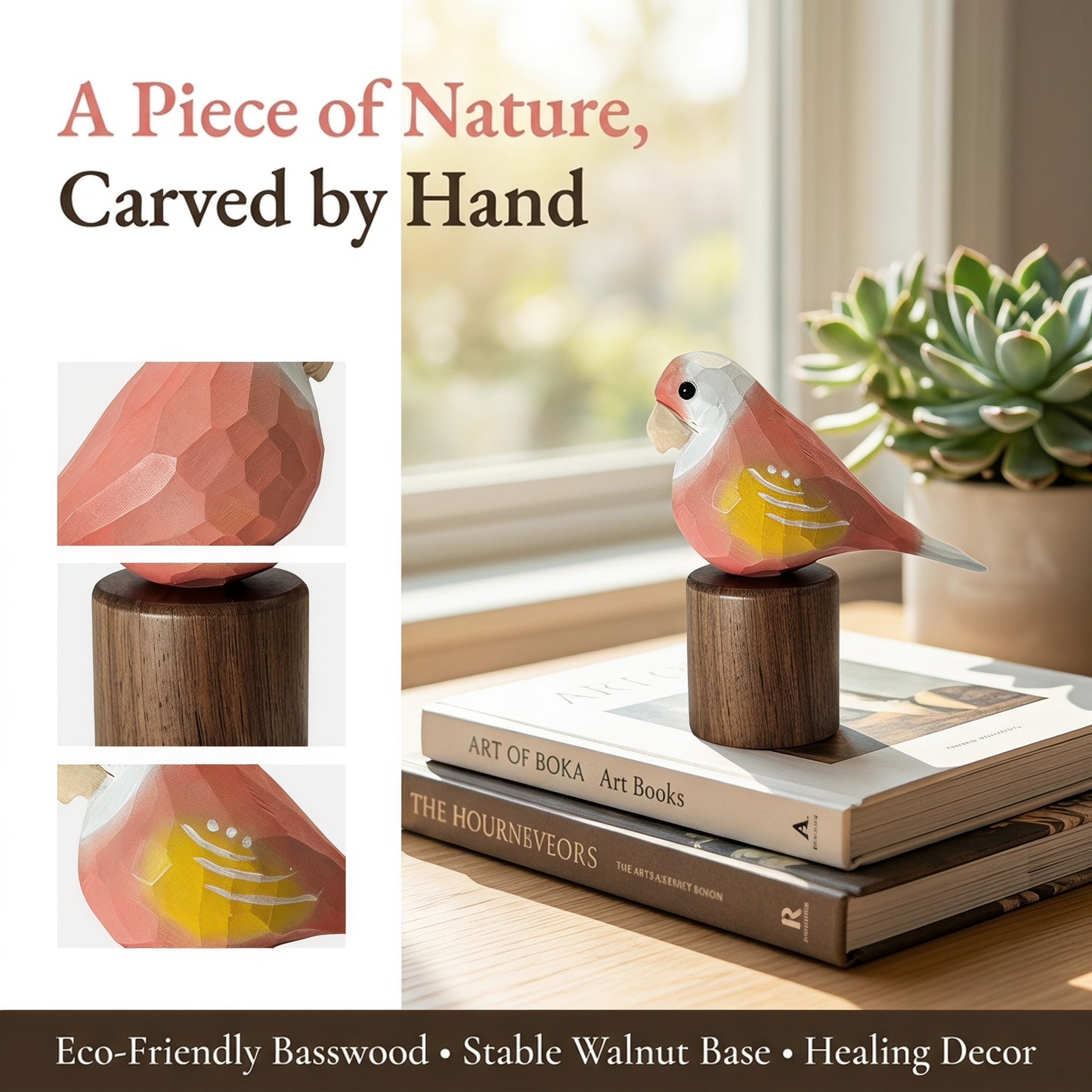 Hand Carved & Hand Painted Lovebirds Figurine | Pink | Basswood with Black Walnut Base