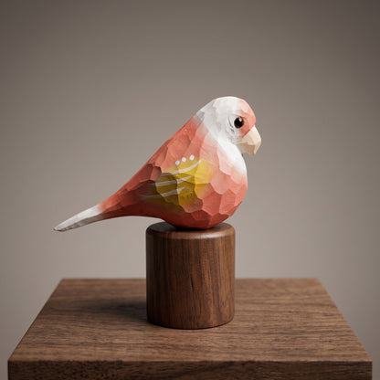 Hand Carved & Hand Painted Lovebirds Figurine | Pink | Basswood with Black Walnut Base