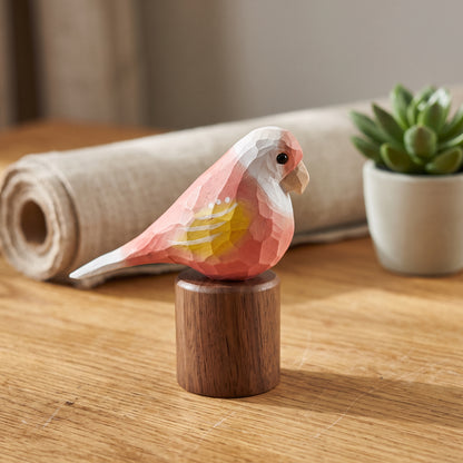 Hand Carved & Hand Painted Lovebirds Figurine | Pink | Basswood with Black Walnut Base