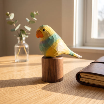 Hand Carved & Hand Painted Lovebirds Figurine | Yellow & Green | Basswood with Black Walnut Base