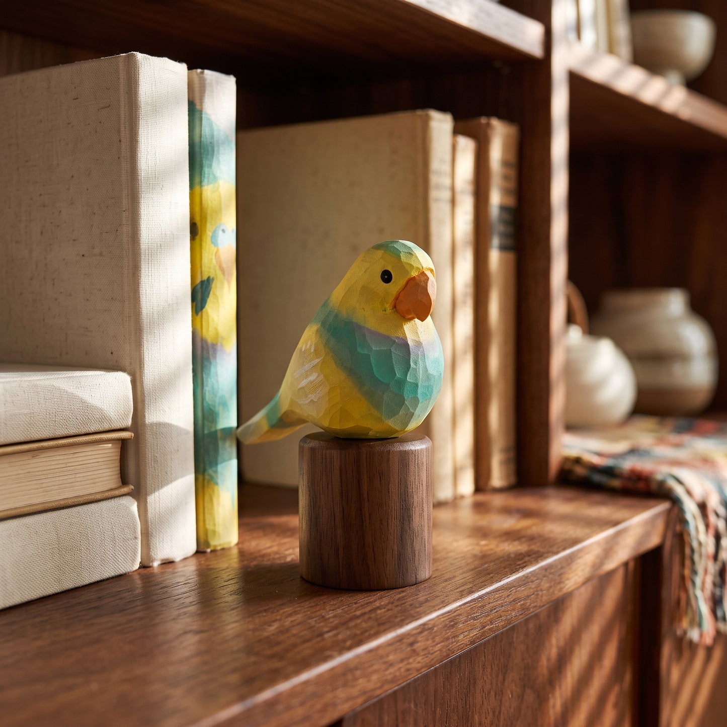 Hand Carved & Hand Painted Lovebirds Figurine | Yellow & Green | Basswood with Black Walnut Base