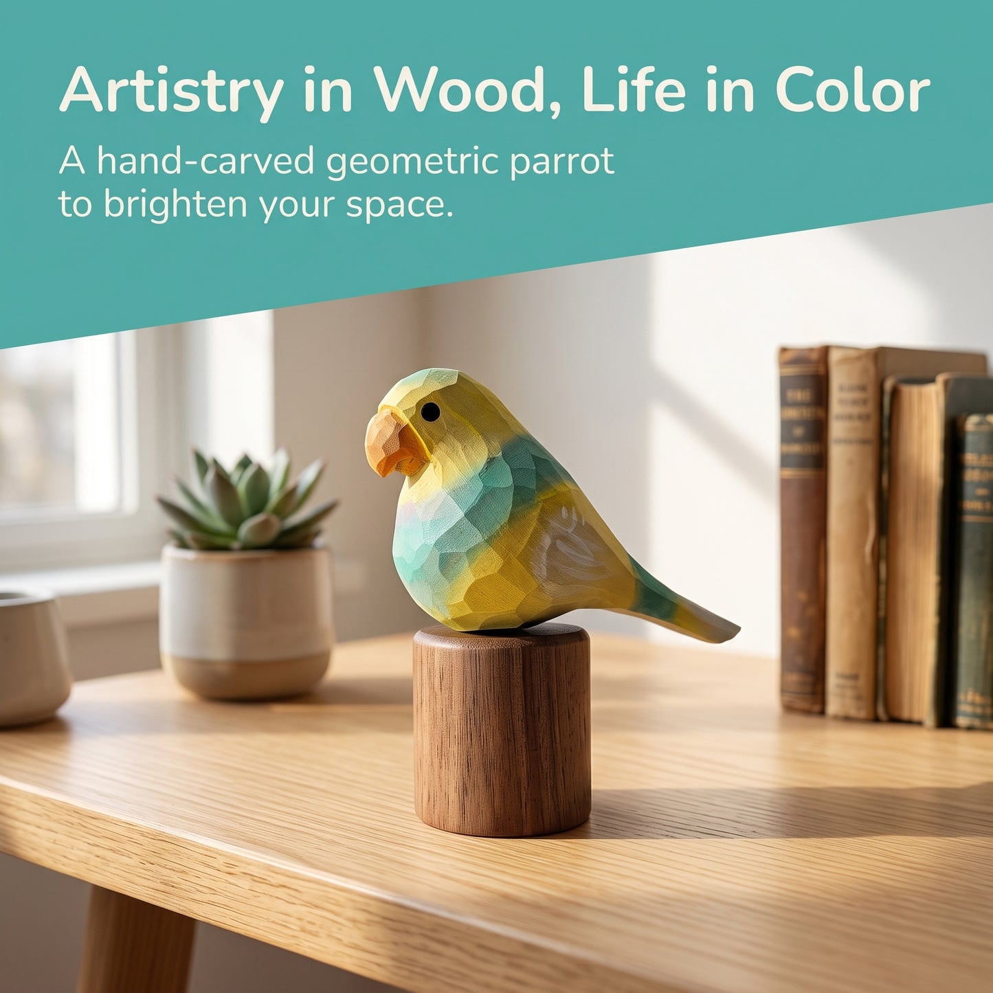 Hand Carved & Hand Painted Lovebirds Figurine | Yellow & Green | Basswood with Black Walnut Base