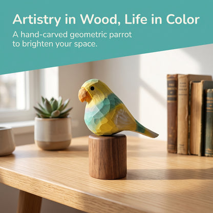 Hand Carved & Hand Painted Lovebirds Figurine | Yellow & Green | Basswood with Black Walnut Base