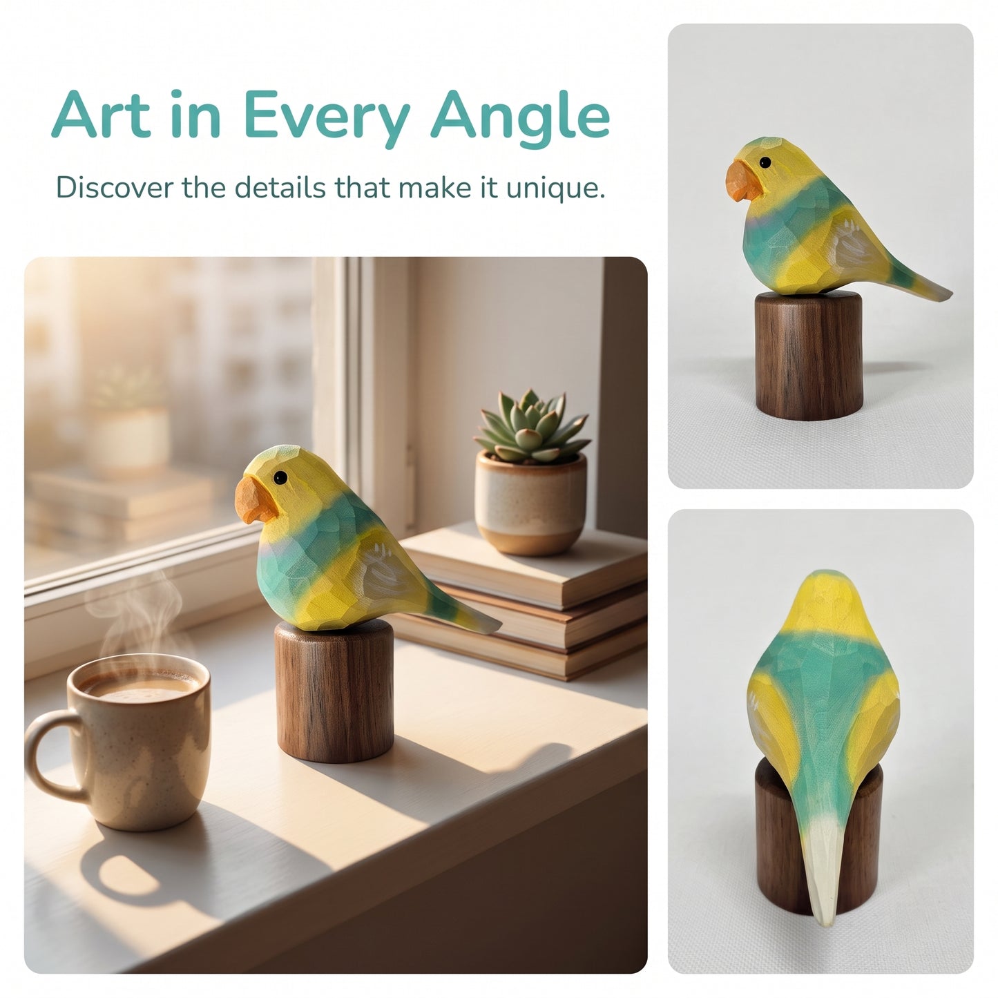 Hand Carved & Hand Painted Lovebirds Figurine | Yellow & Green | Basswood with Black Walnut Base