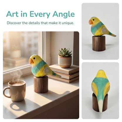 Hand Carved & Hand Painted Lovebirds Figurine | Yellow & Green | Basswood with Black Walnut Base