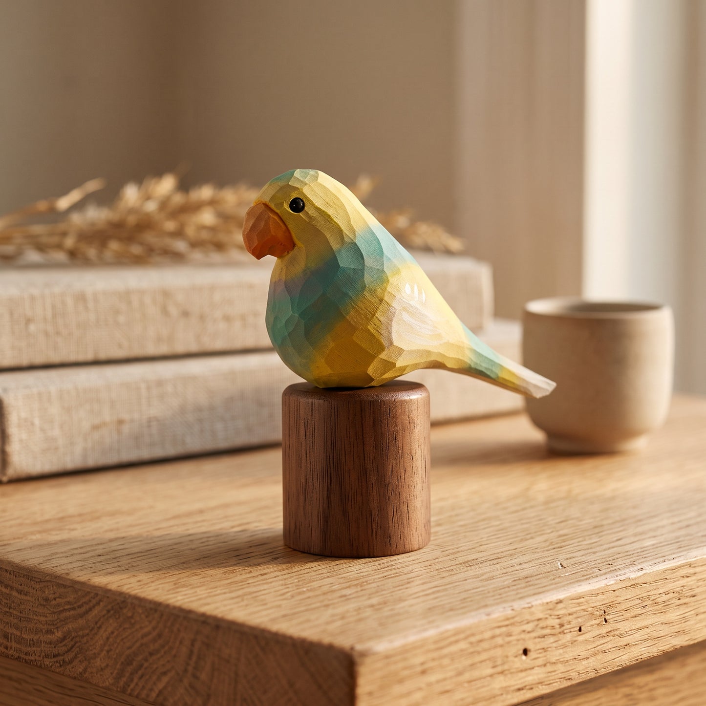 Hand Carved & Hand Painted Lovebirds Figurine | Yellow & Green | Basswood with Black Walnut Base