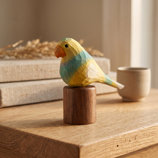 Hand Carved & Hand Painted Lovebirds Figurine | Yellow & Green | Basswood with Black Walnut Base