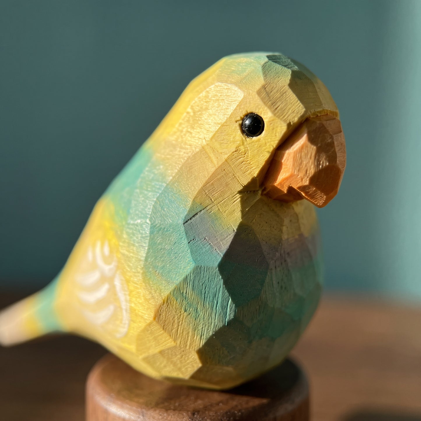 Hand Carved & Hand Painted Lovebirds Figurine | Yellow & Green | Basswood with Black Walnut Base