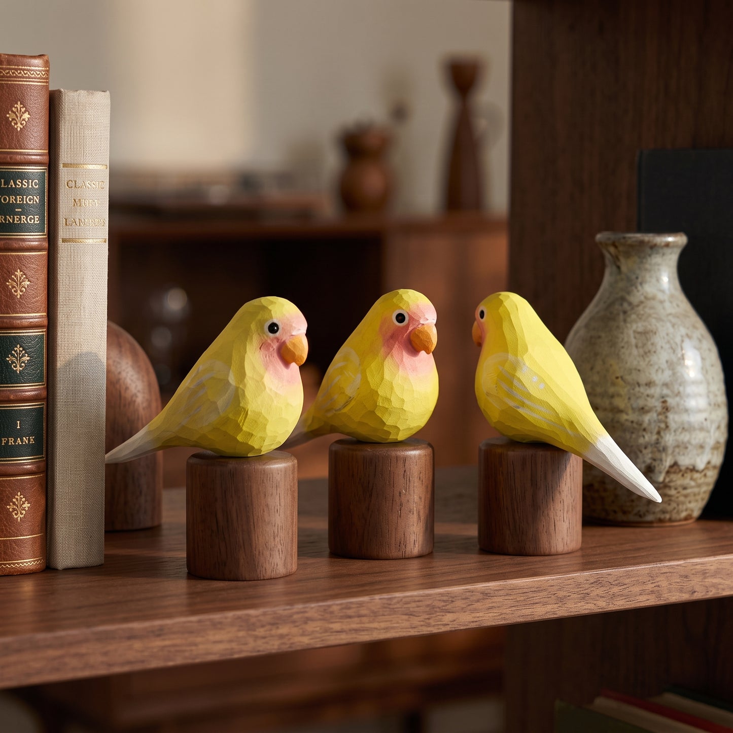 Hand Carved & Hand Painted Lovebirds Figurine | Yellow | Basswood with Black Walnut Base