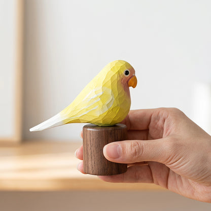 Hand Carved & Hand Painted Lovebirds Figurine | Yellow | Basswood with Black Walnut Base