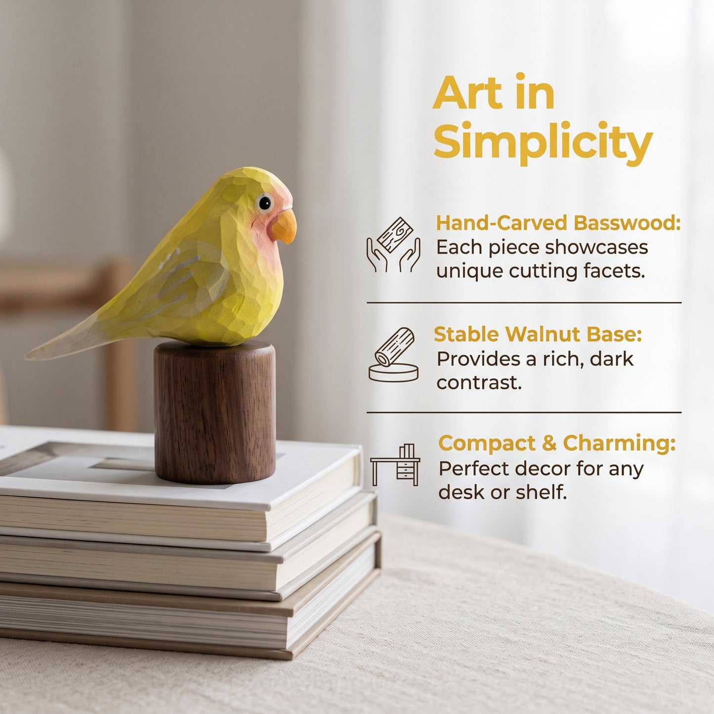 Hand Carved & Hand Painted Lovebirds Figurine | Yellow | Basswood with Black Walnut Base