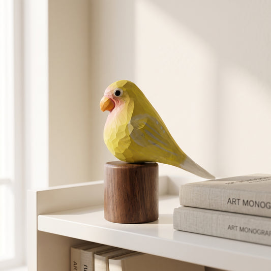 Hand Carved & Hand Painted Lovebirds Figurine | Yellow | Basswood with Black Walnut Base