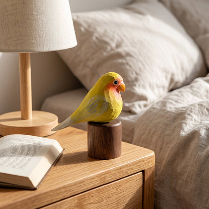Hand Carved & Hand Painted Lovebirds Figurine | Yellow | Basswood with Black Walnut Base