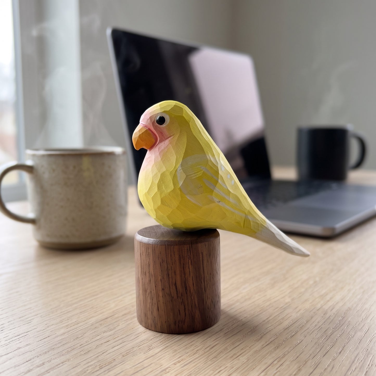 Hand Carved & Hand Painted Lovebirds Figurine | Yellow | Basswood with Black Walnut Base