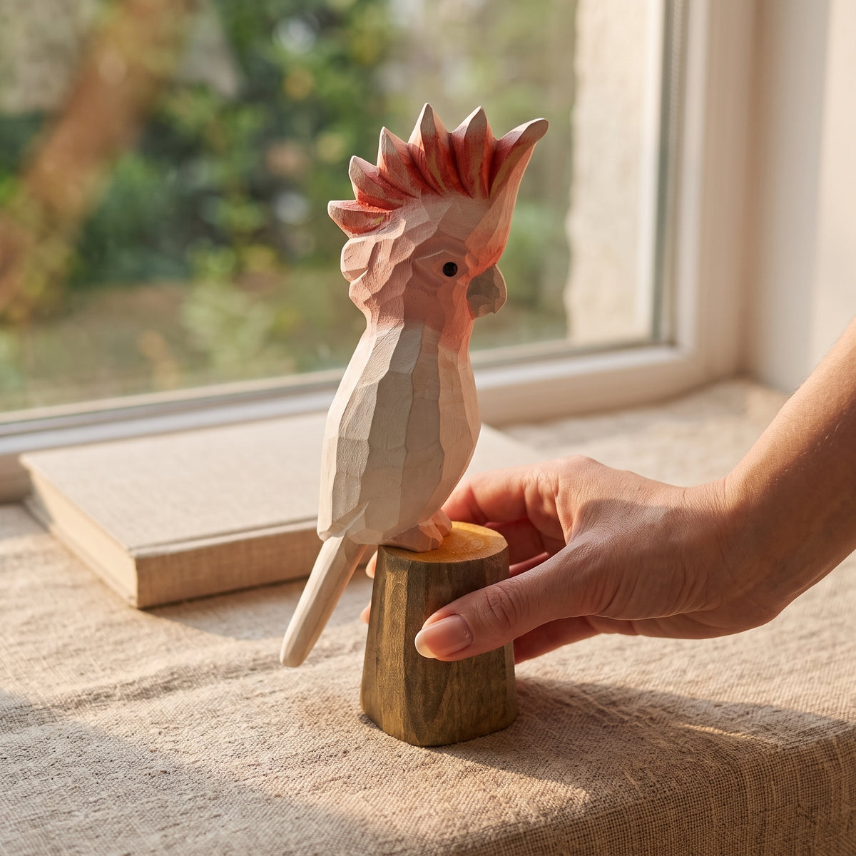 Hand holding a hand-carved wooden Pink Cockatoo bird figurine by its stump base on a sunlit table near a window.
