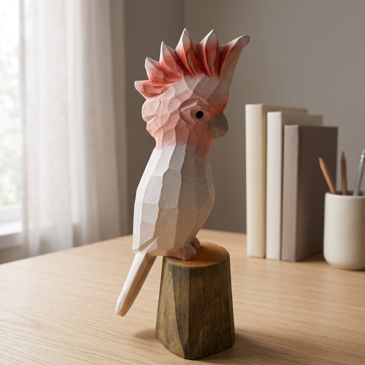 Hand-carved wooden Pink Cockatoo bird figurine with a pink crest, perched on a wooden stump base on a light wooden table next to books and a pen holder.