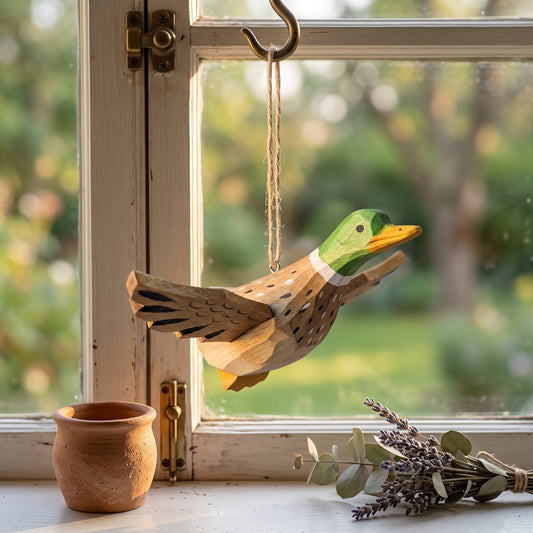 A carved wooden Mallard ornament hangs from a metal hook on a window frame, with a small terracotta pot and a sprig of eucalyptus and lavender on the windowsill. The background shows a softly blurred outdoor garden view.