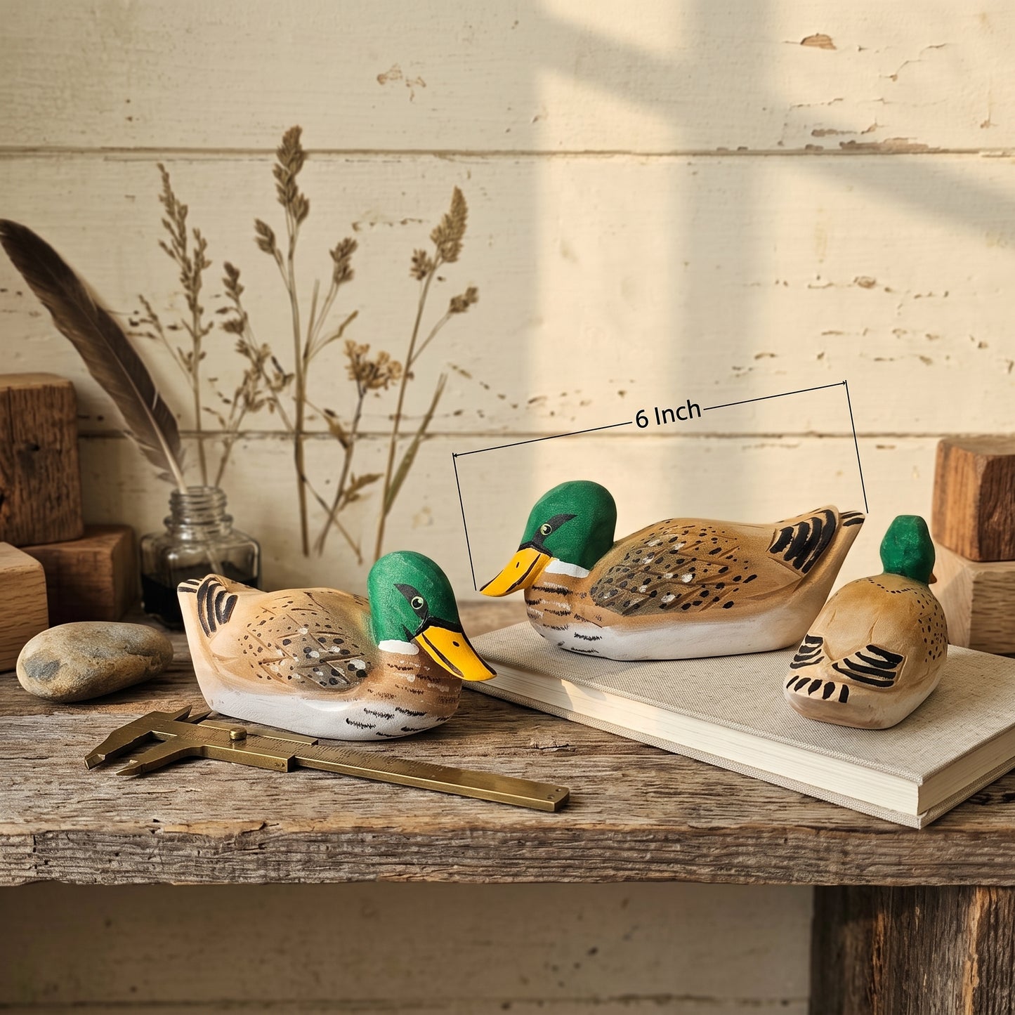 Hand Carved & Hand Painted Mallard Duck Figurine | Basswood | L 6 Inch Wooden Bird Sculpture