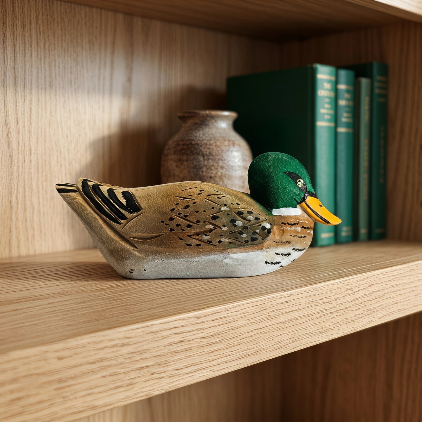 Hand Carved & Hand Painted Mallard Duck Figurine | Basswood | L 6 Inch Wooden Bird Sculpture