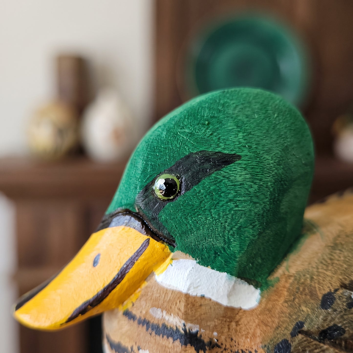 Hand Carved & Hand Painted Mallard Duck Figurine | Basswood | L 6 Inch Wooden Bird Sculpture