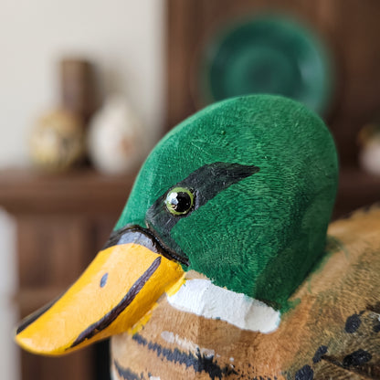 Hand Carved & Hand Painted Mallard Duck Figurine | Basswood | L 6 Inch Wooden Bird Sculpture