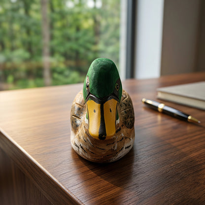 Hand Carved & Hand Painted Mallard Duck Figurine | Basswood | L 6 Inch Wooden Bird Sculpture