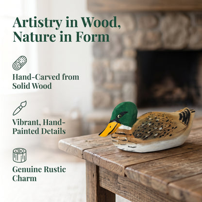Hand Carved & Hand Painted Mallard Duck Figurine | Basswood | L 6 Inch Wooden Bird Sculpture