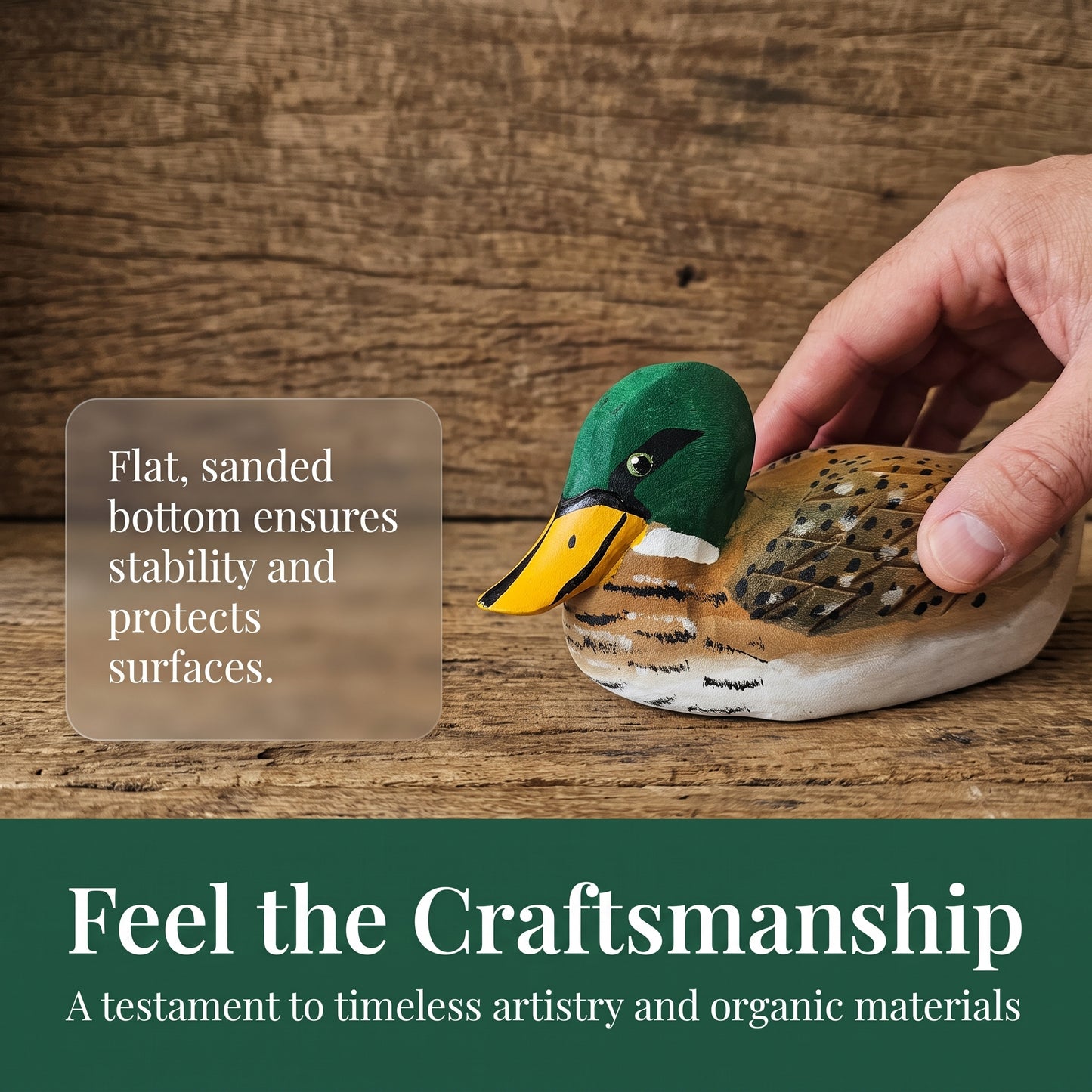 Hand Carved & Hand Painted Mallard Duck Figurine | Basswood | L 6 Inch Wooden Bird Sculpture