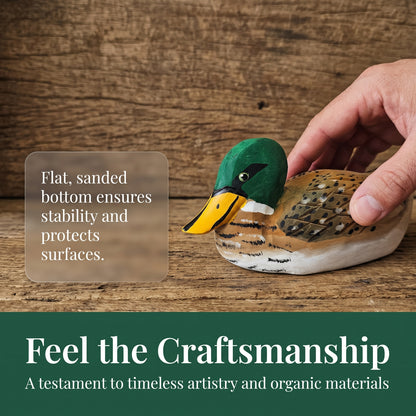 Hand Carved & Hand Painted Mallard Duck Figurine | Basswood | L 6 Inch Wooden Bird Sculpture