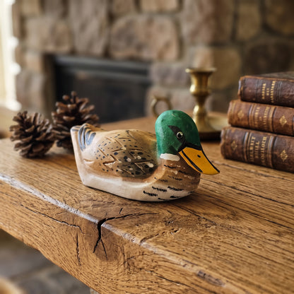 Hand Carved & Hand Painted Mallard Duck Figurine | Basswood | L 6 Inch Wooden Bird Sculpture