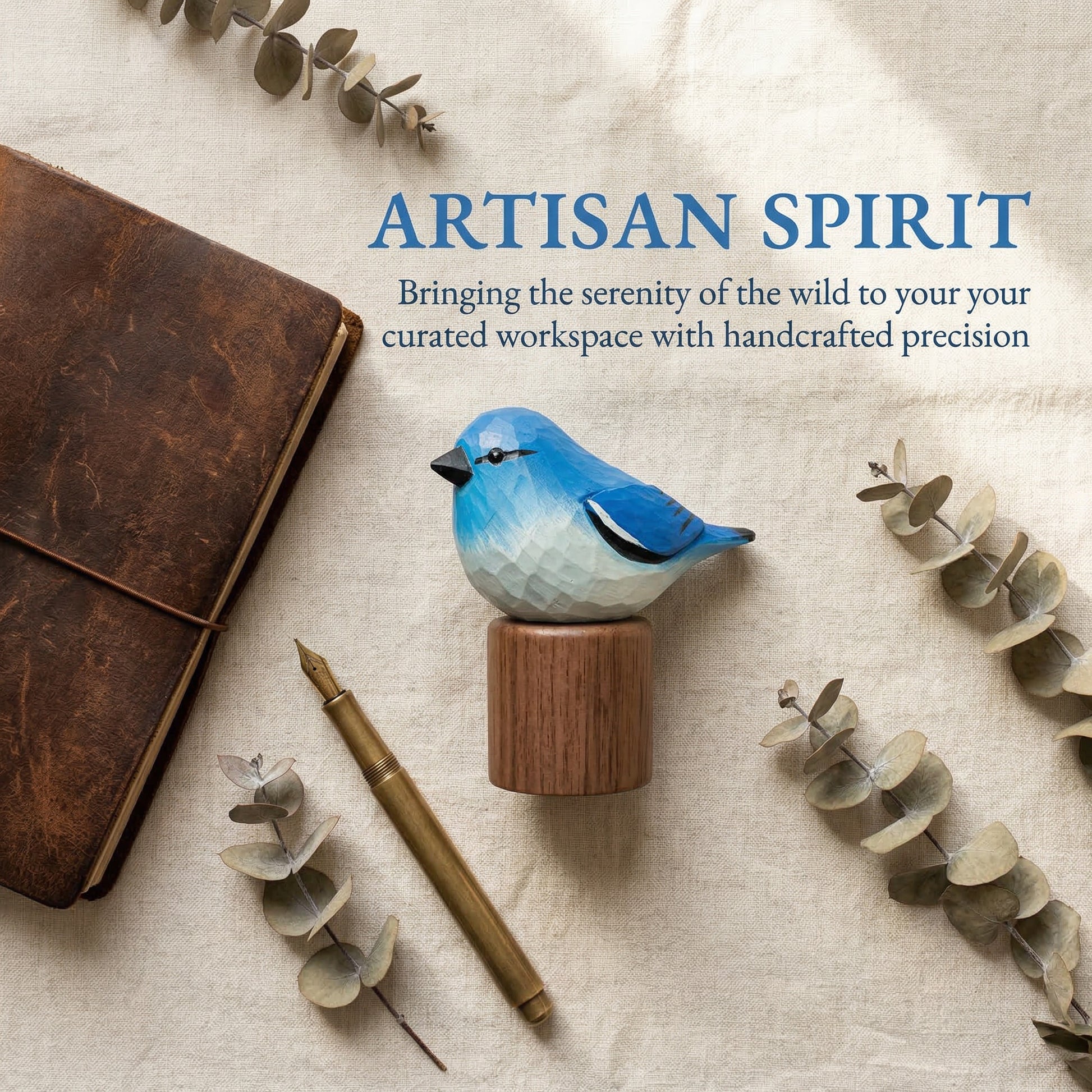 A small Mountain bluebird  figurine painted with geometric facets, mounted on a round wooden base, styled on a beige fabric surface with a brown notebook, gold pen, and eucalyptus sprigs. Blue text reads 'ARTISAN SPIRIT' with a subtitle about bringing the serenity of the wild to a curated workspace.