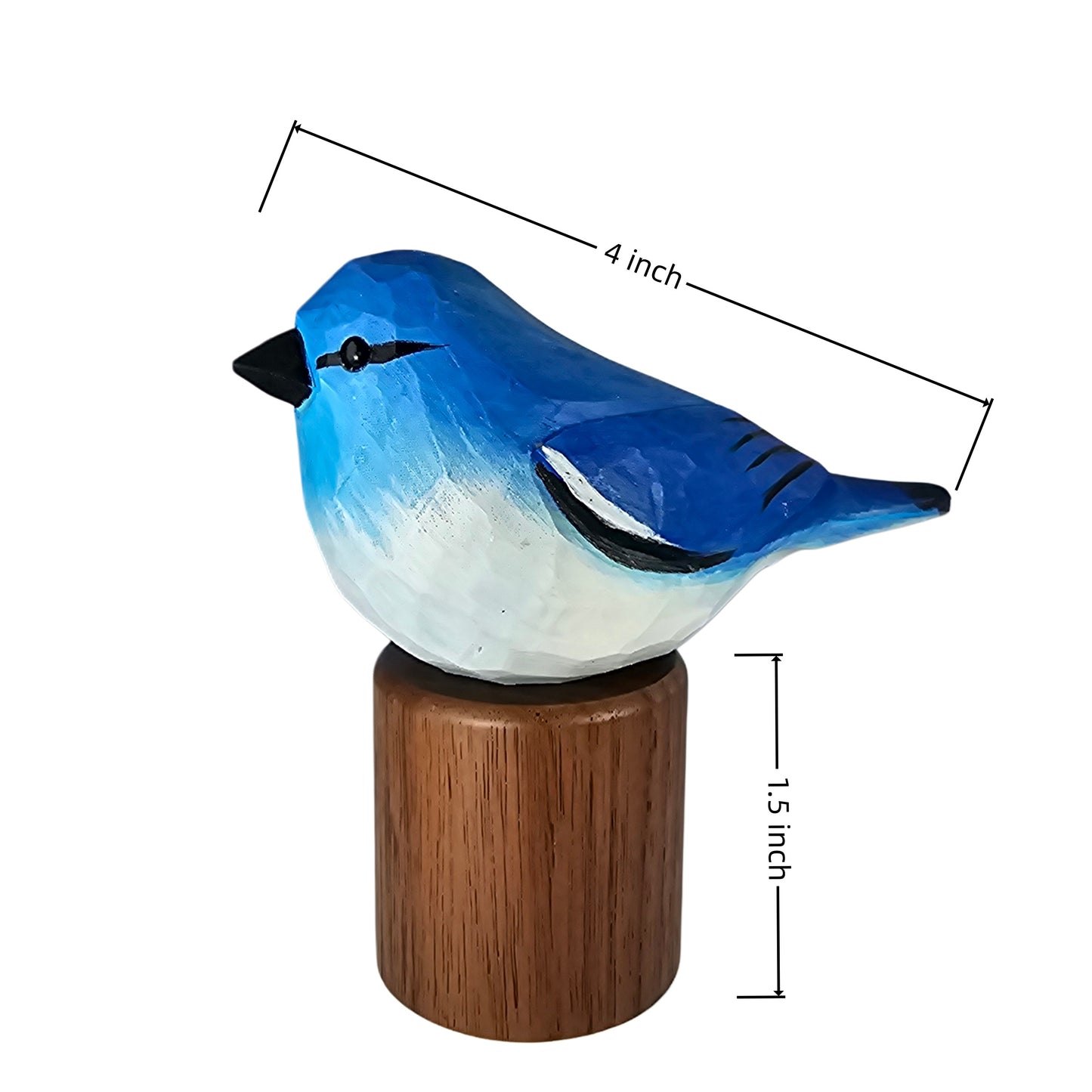 A painted Mountain bluebird figurine on a cylindrical wooden base, shown with dimension lines indicating a height of 1.5 inch and a length of 4 inch on a plain white background.