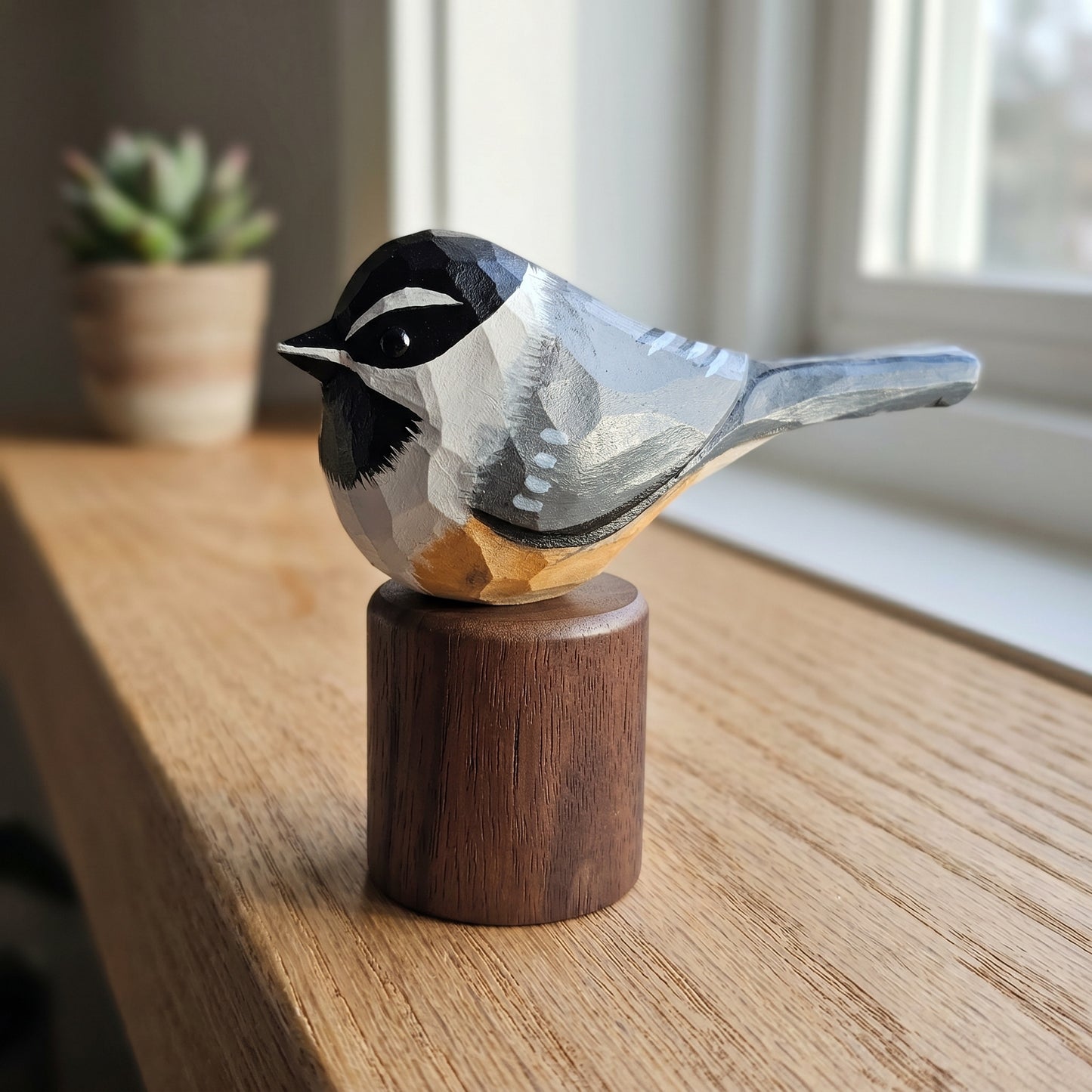 Hand Carved & Hand Painted Chickadee Figurine | Basswood with Black Walnut Base | 3 Species