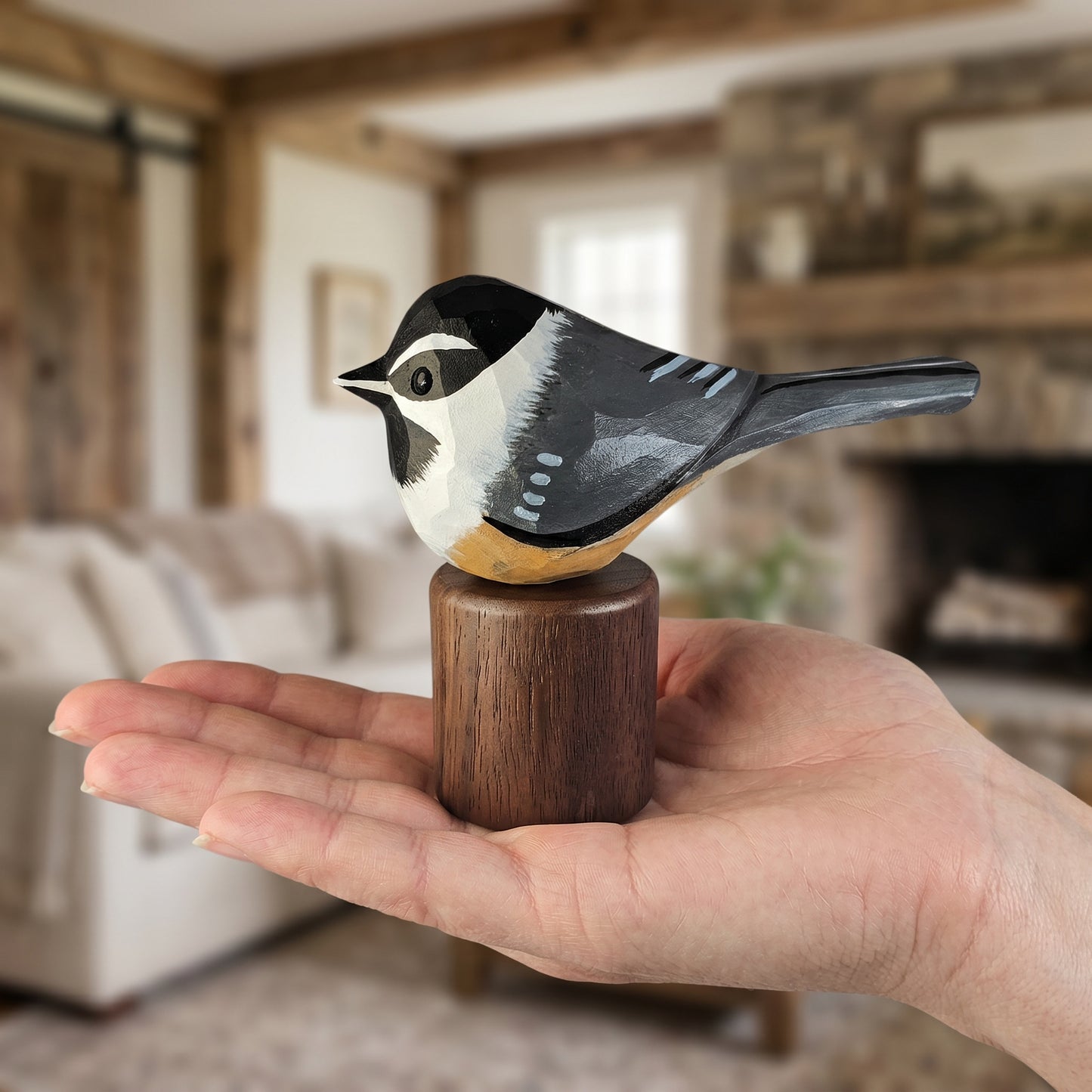 Hand Carved & Hand Painted Chickadee Figurine | Basswood with Black Walnut Base | 3 Species